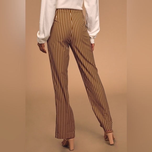 Lulus Never Too Late Striped Split Hem Pants Brown Cream  Size S Small - Picture 3 of 14